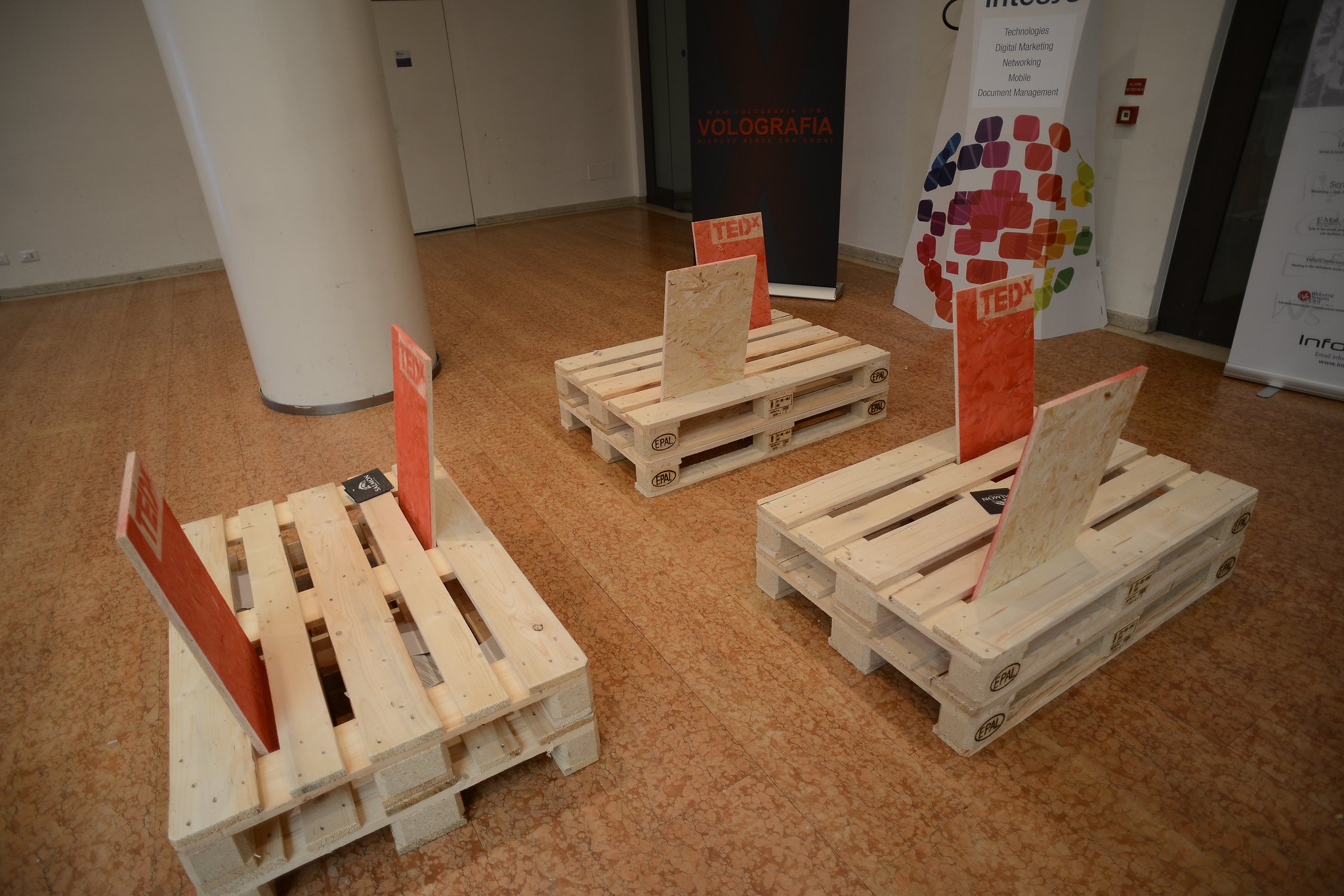 Pallet seating with TEDx branding